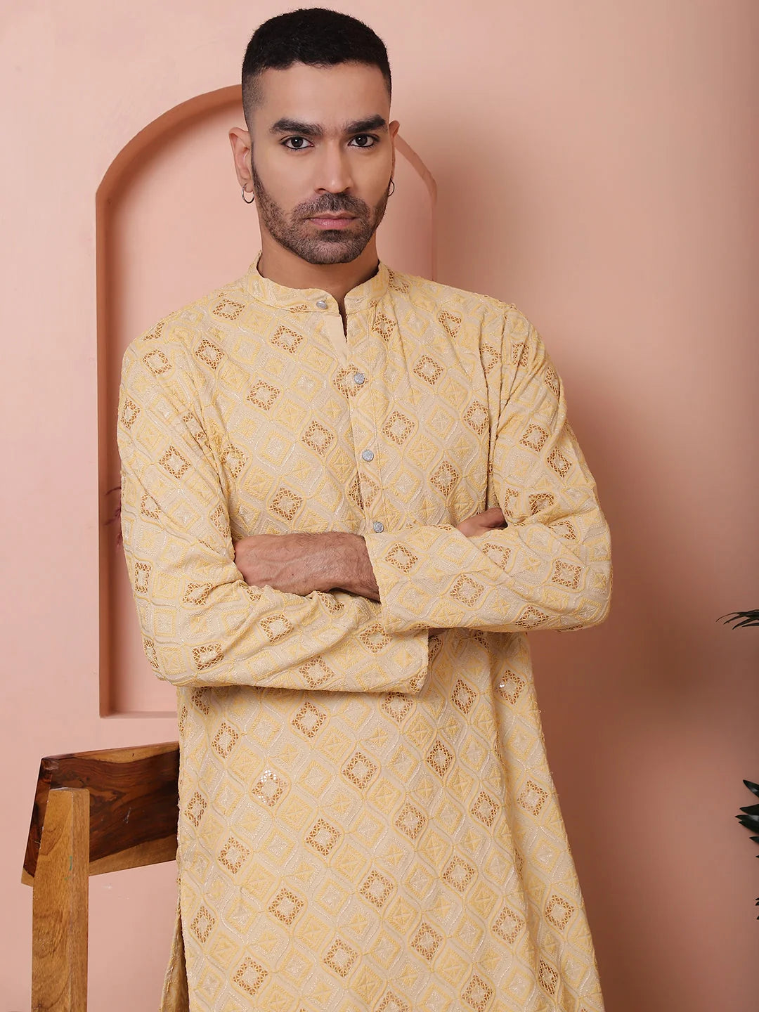 Yellow Embroidered Mens Kurta Pajama Set | Rayon Pathani Style