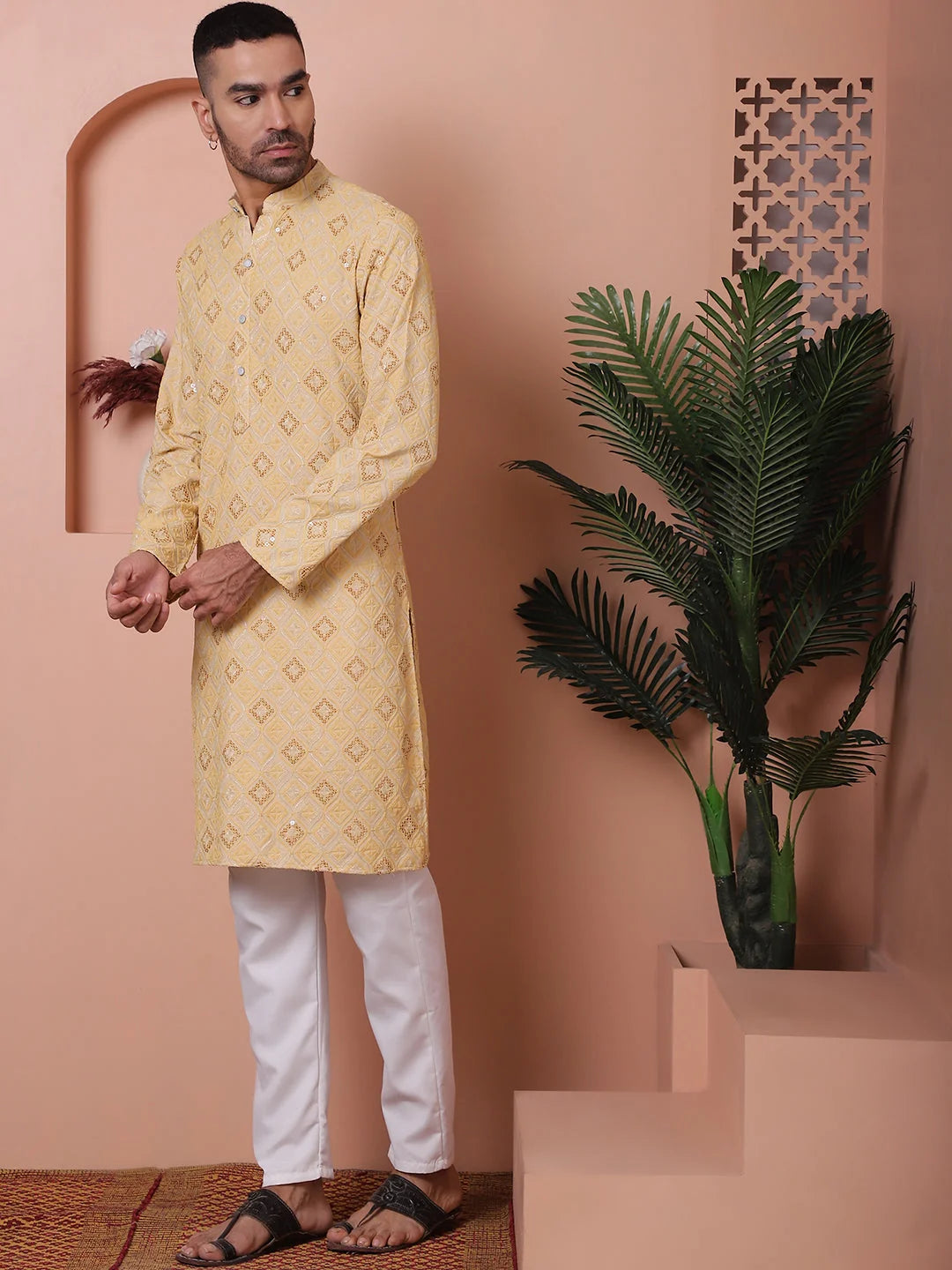 Yellow Embroidered Mens Kurta Pajama Set | Rayon Pathani Style