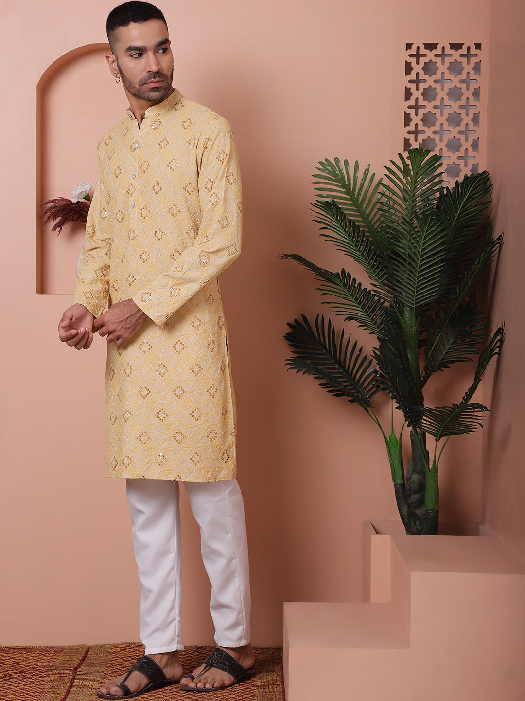 Yellow Embroidered Mens Kurta Pajama Set | Rayon Pathani Style