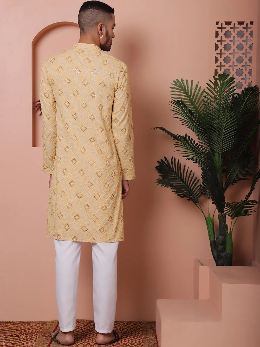 Yellow Embroidered Mens Kurta Pajama Set | Rayon Pathani Style