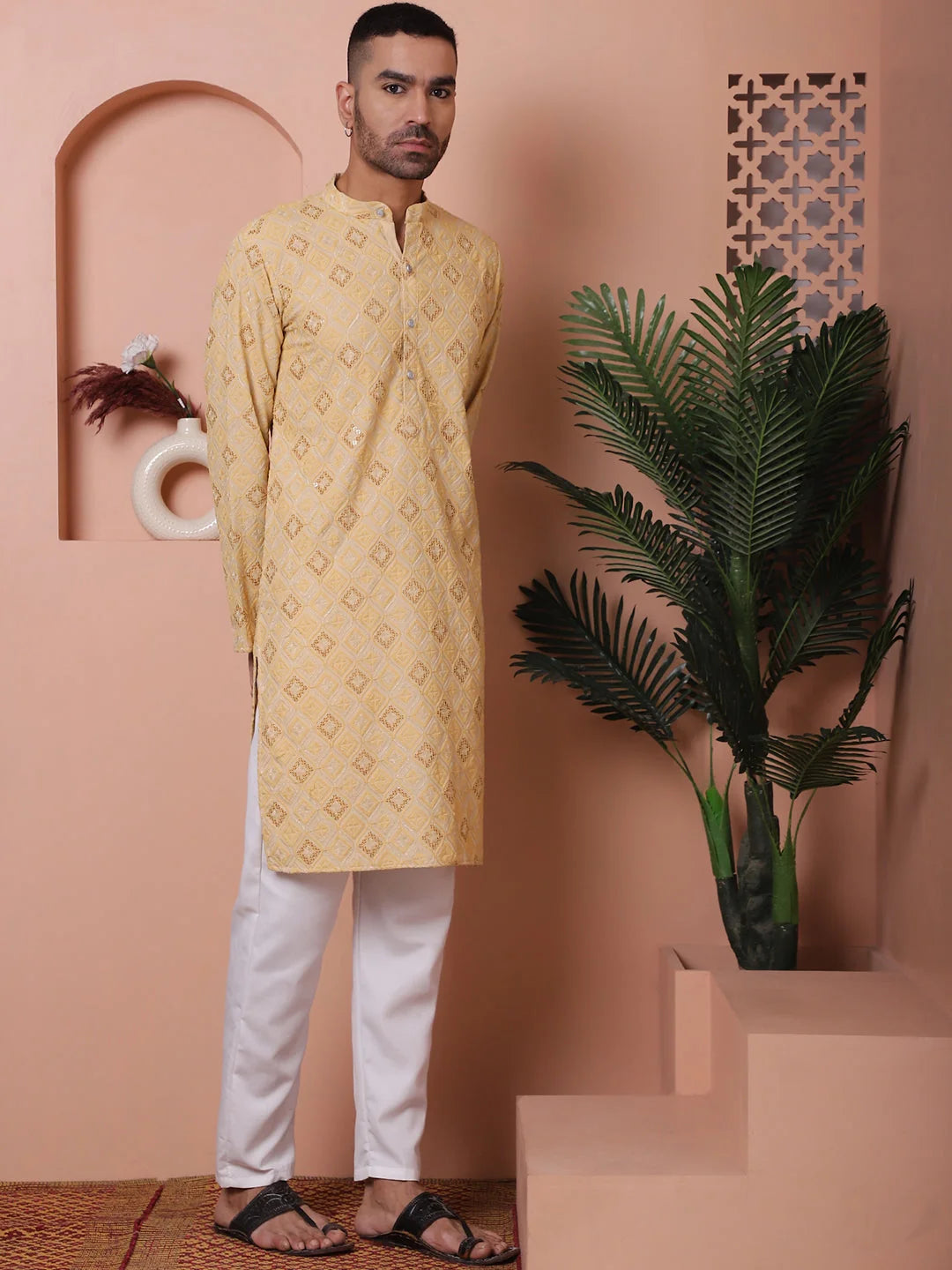 Yellow Embroidered Mens Kurta Pajama Set | Rayon Pathani Style