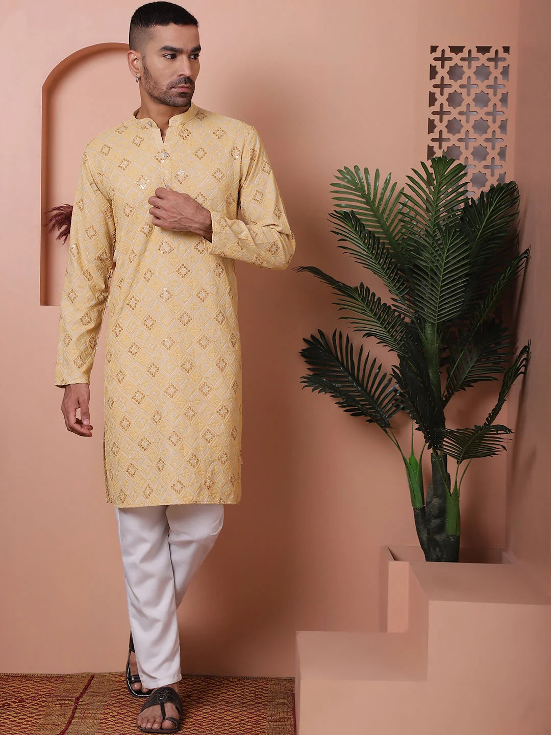 Yellow Embroidered Mens Kurta Pajama Set | Rayon Pathani Style