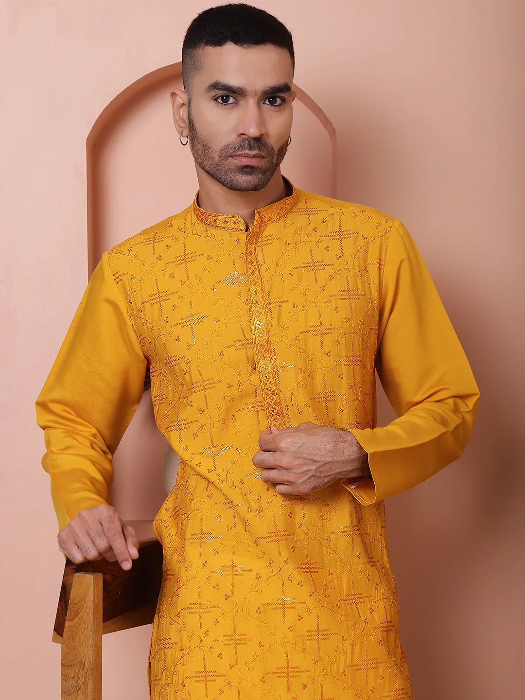 Mustard Embroidered Mens Kurta Pajama Set | Rayon