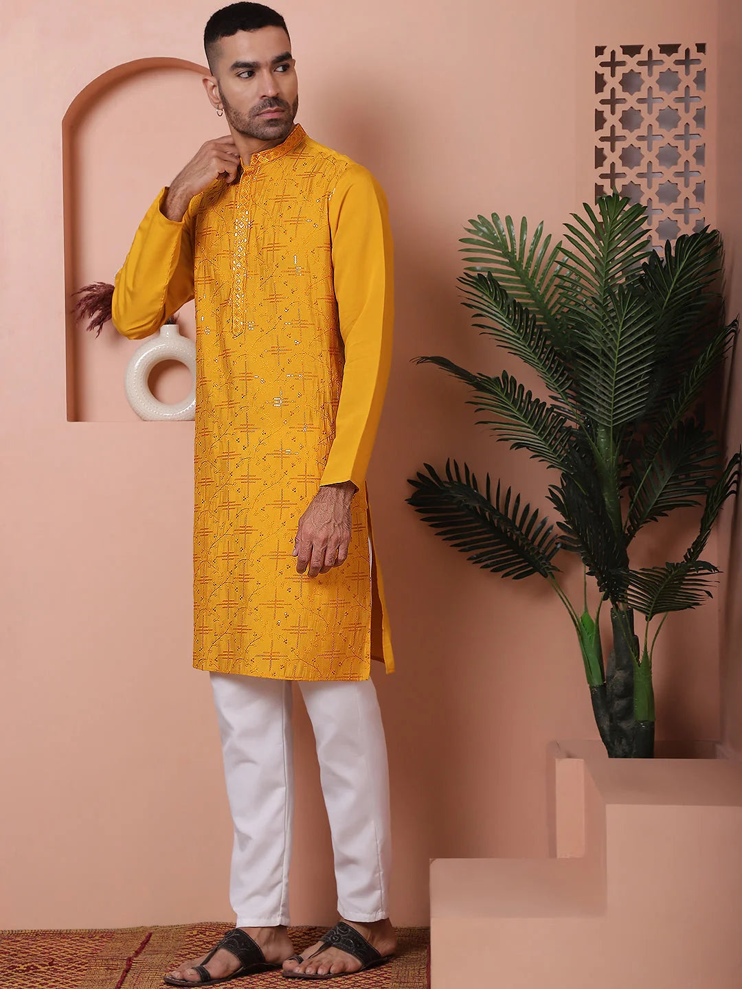 Mustard Embroidered Mens Kurta Pajama Set | Rayon