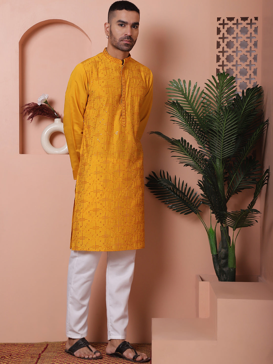 Mustard Embroidered Mens Kurta Pajama Set | Rayon