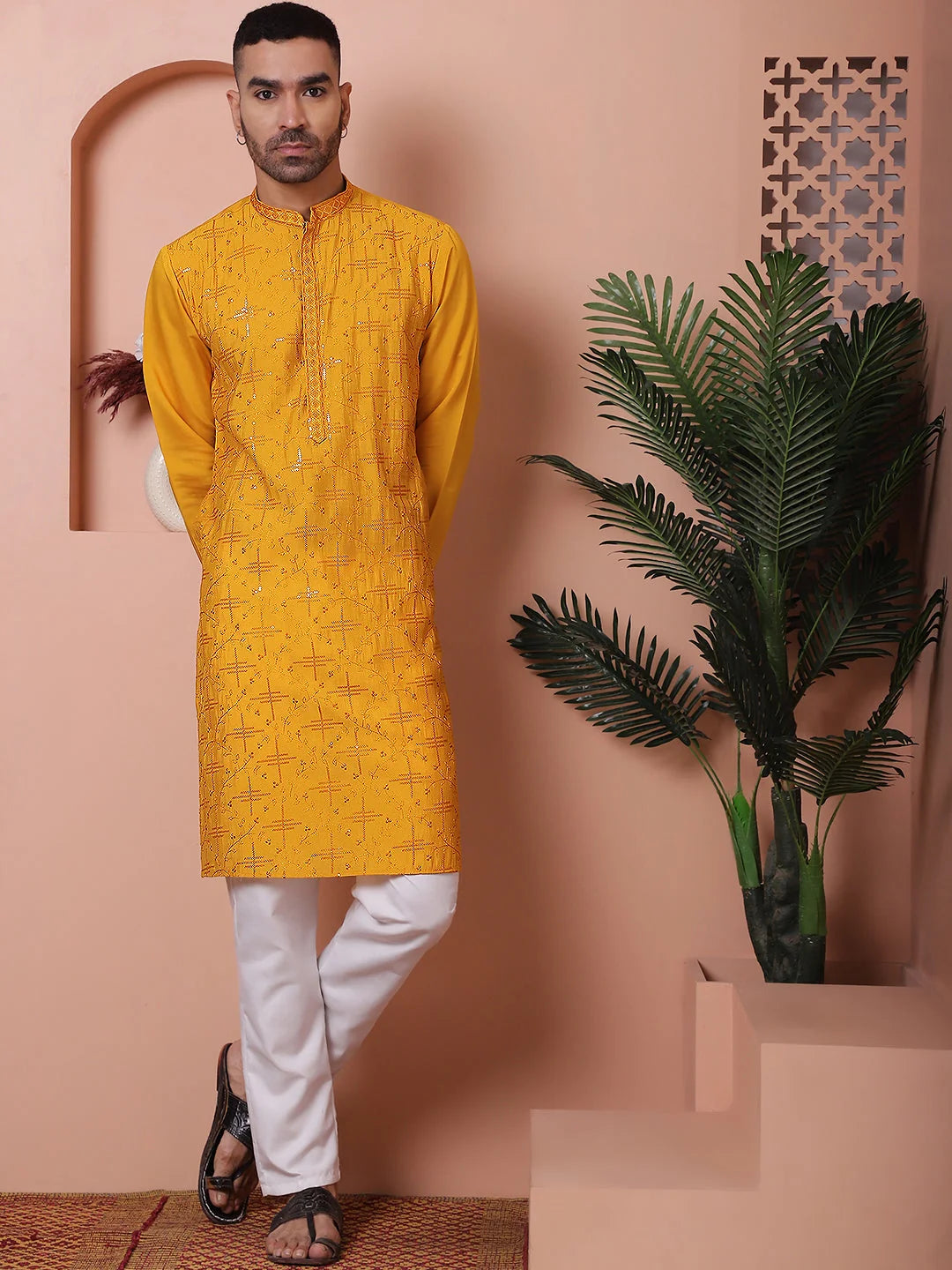Mustard Embroidered Mens Kurta Pajama Set | Rayon