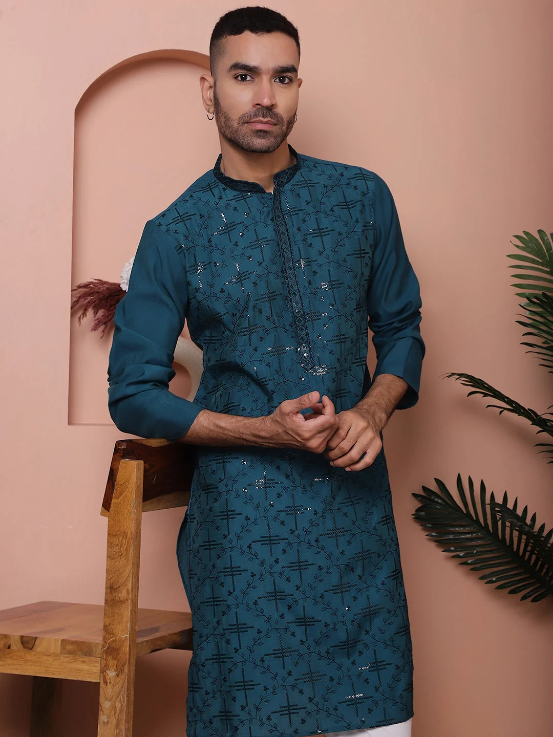 Peacock Embroidered Kurta with Pyjama Set | Mens Kurta Pajama