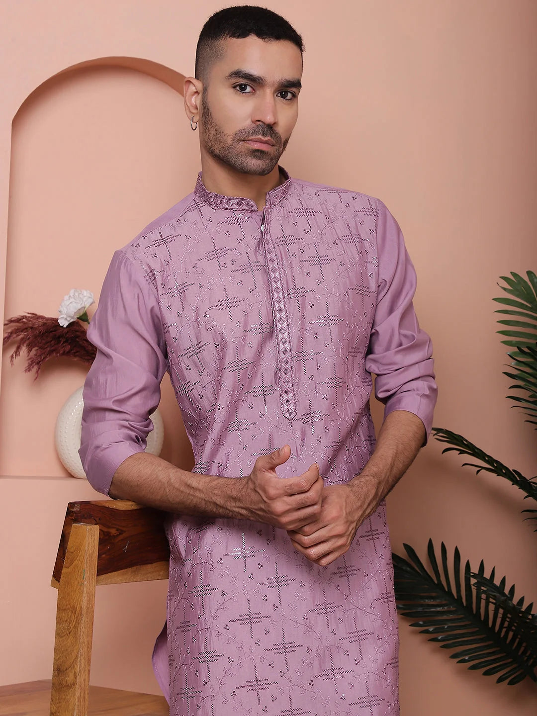 Purple Embroidered Kurta with Pyjama Set | Mens Kurta Pajama