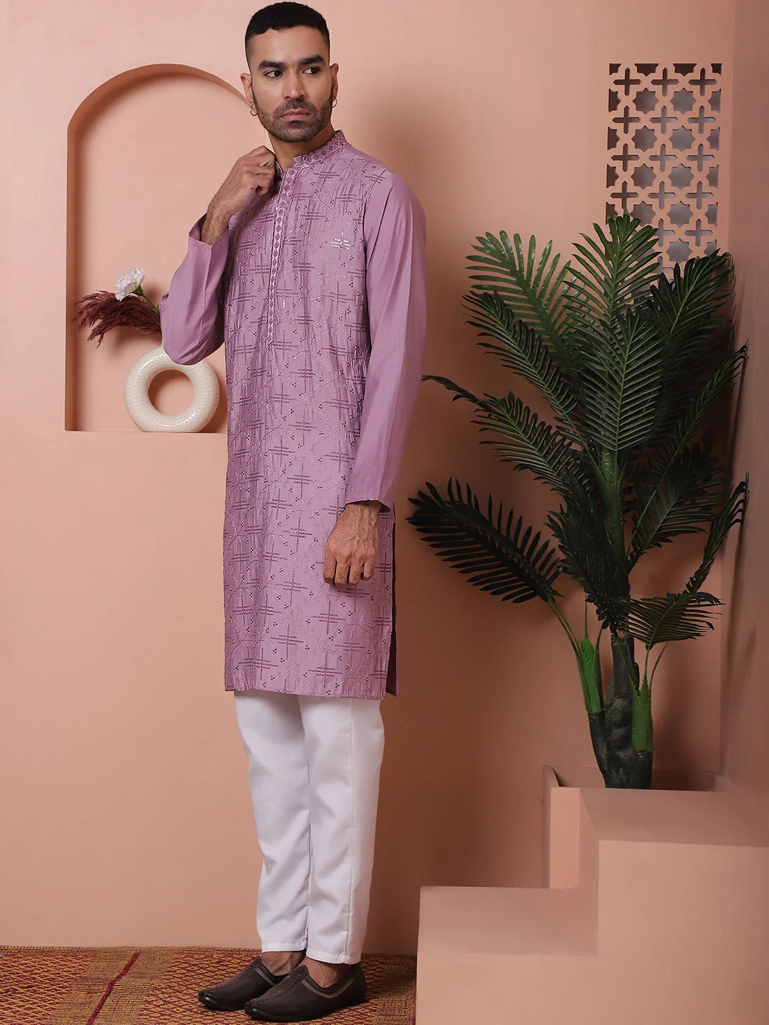 Purple Embroidered Kurta with Pyjama Set | Mens Kurta Pajama