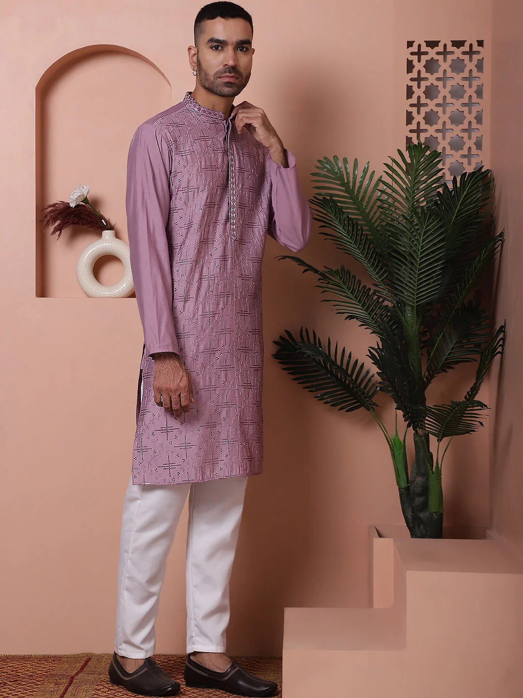 Purple Embroidered Kurta with Pyjama Set | Mens Kurta Pajama