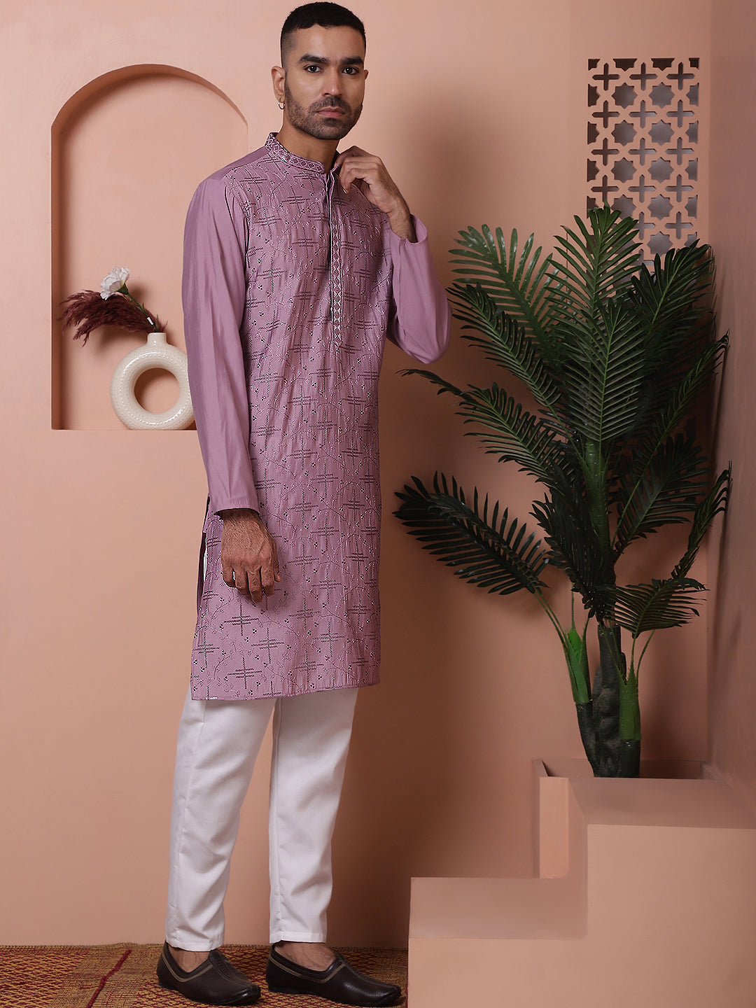 Purple Embroidered Kurta with Pyjama Set | Mens Kurta Pajama
