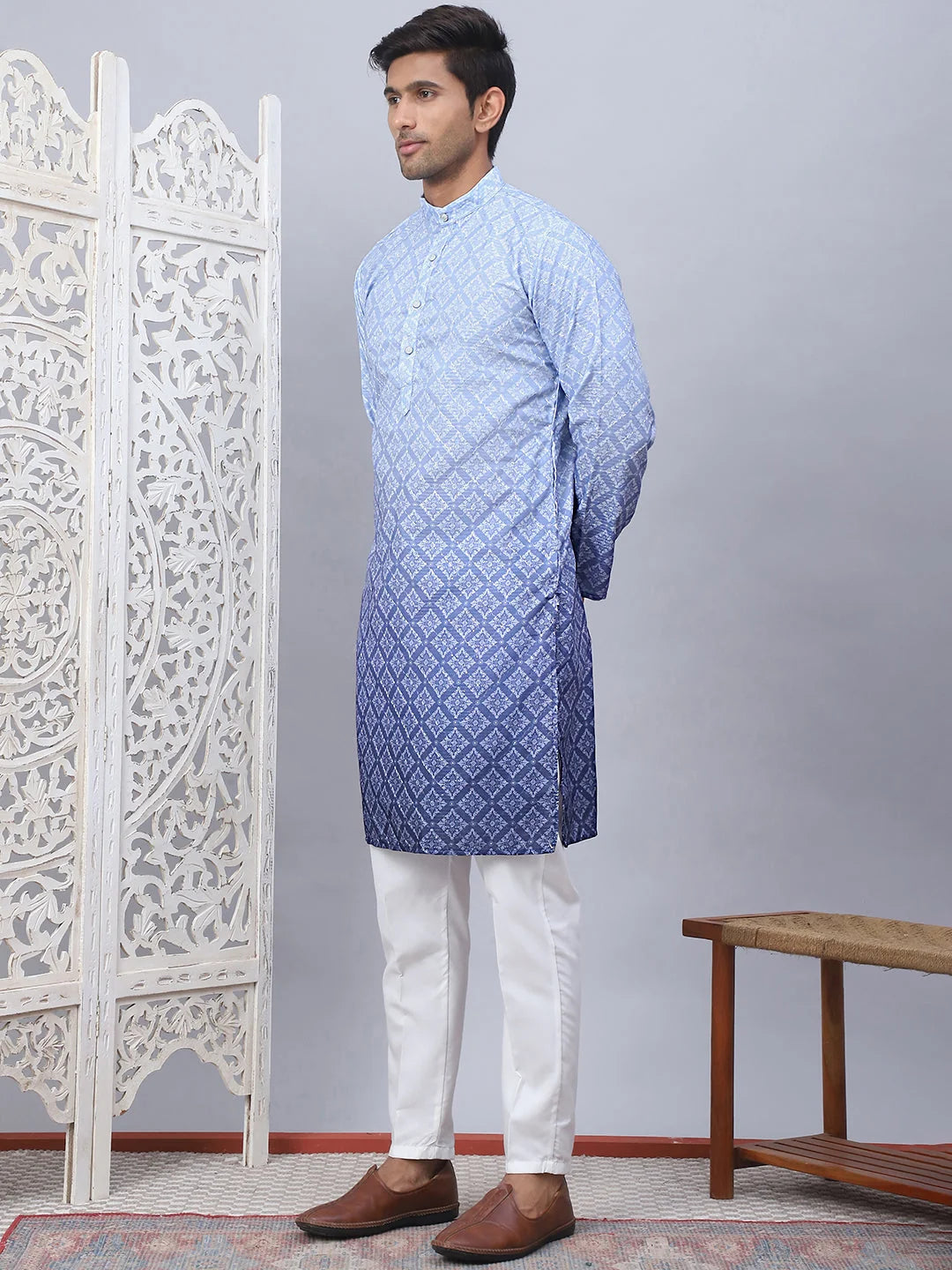 Blue Printed Kurta Pajama Set for Men - Cotton Kurta Set