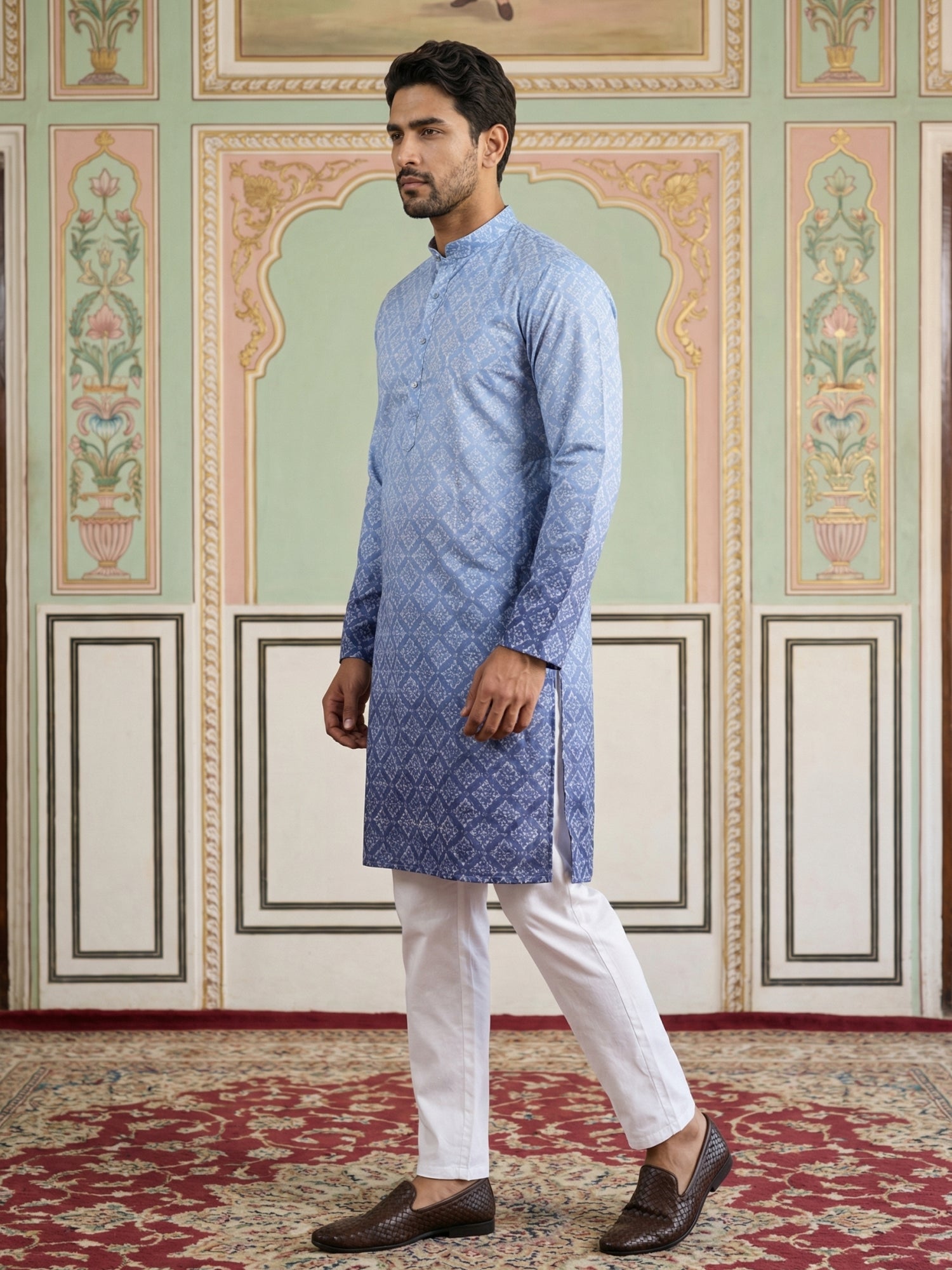 DesiQlo Men Printed Kurta Pyjama Set - Blue - JOKP_P_5074Blue_S