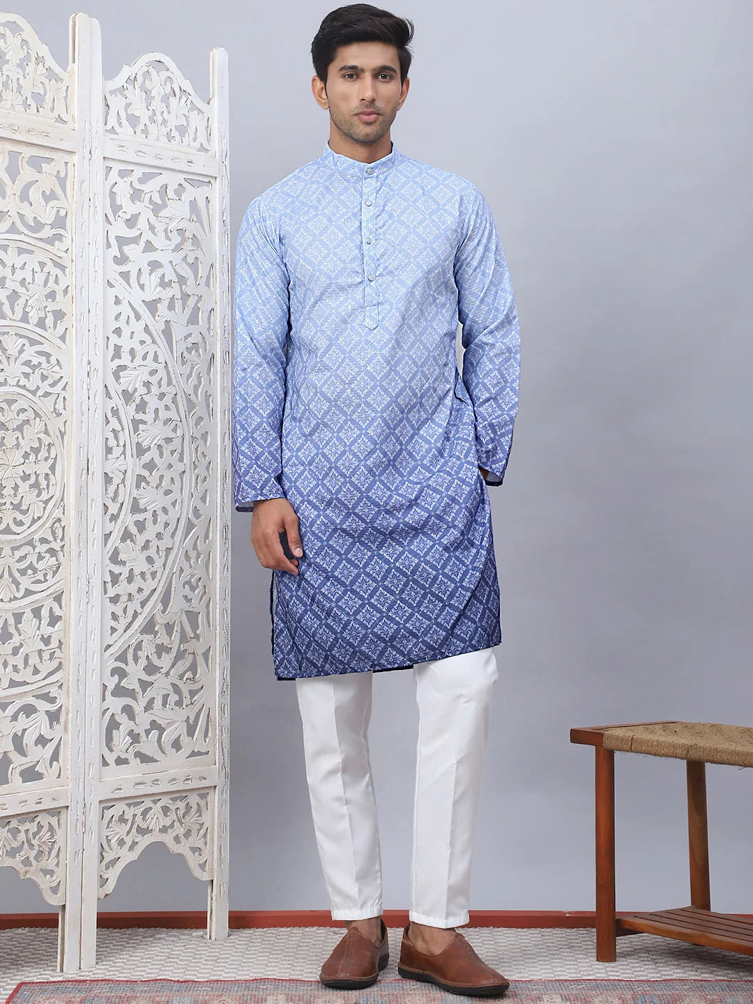 Blue Printed Kurta Pajama Set for Men - Cotton Kurta Set