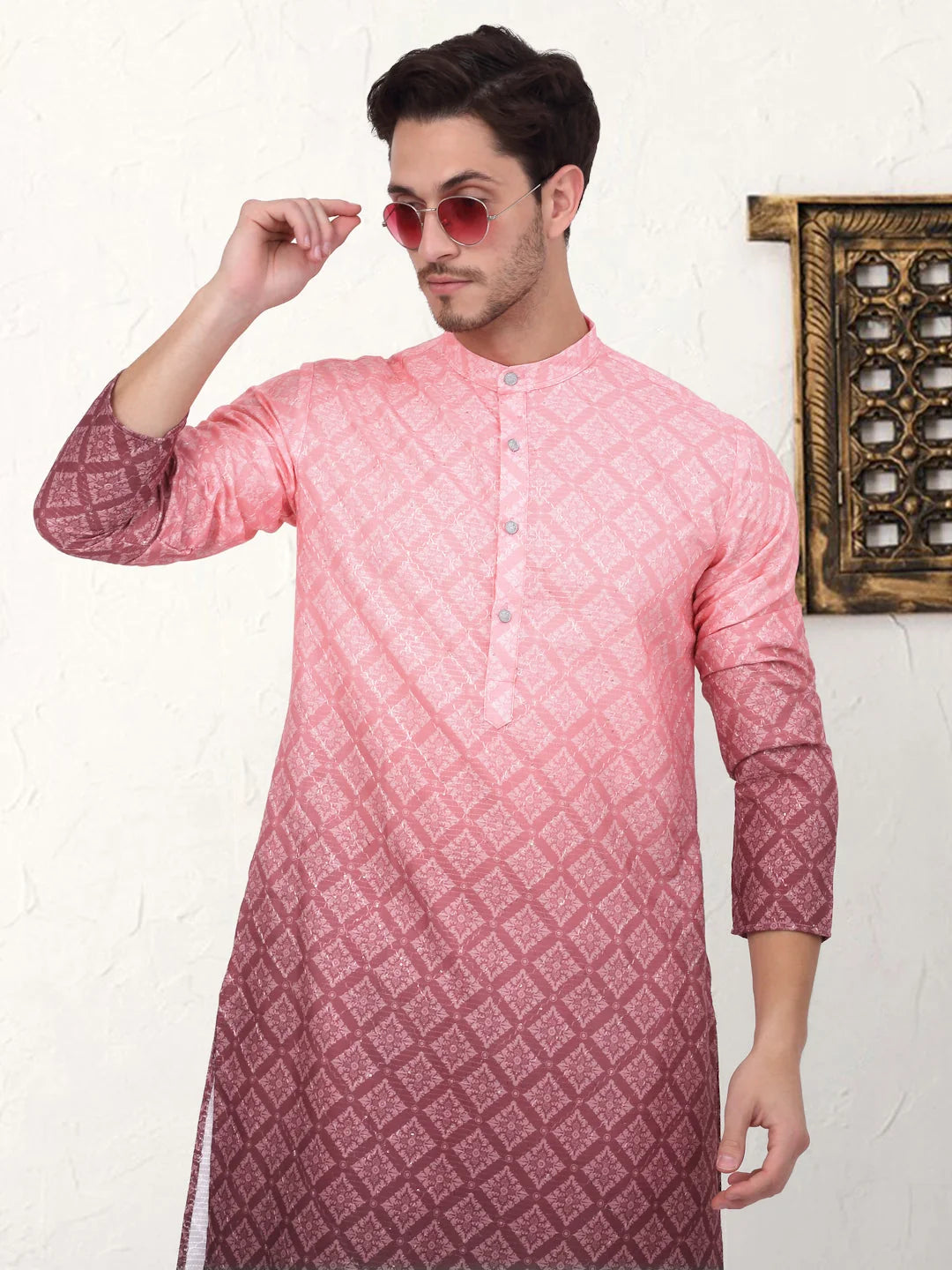 Coral Red Mens Kurta Pajama Set | Printed Kurta Pajama Outfit