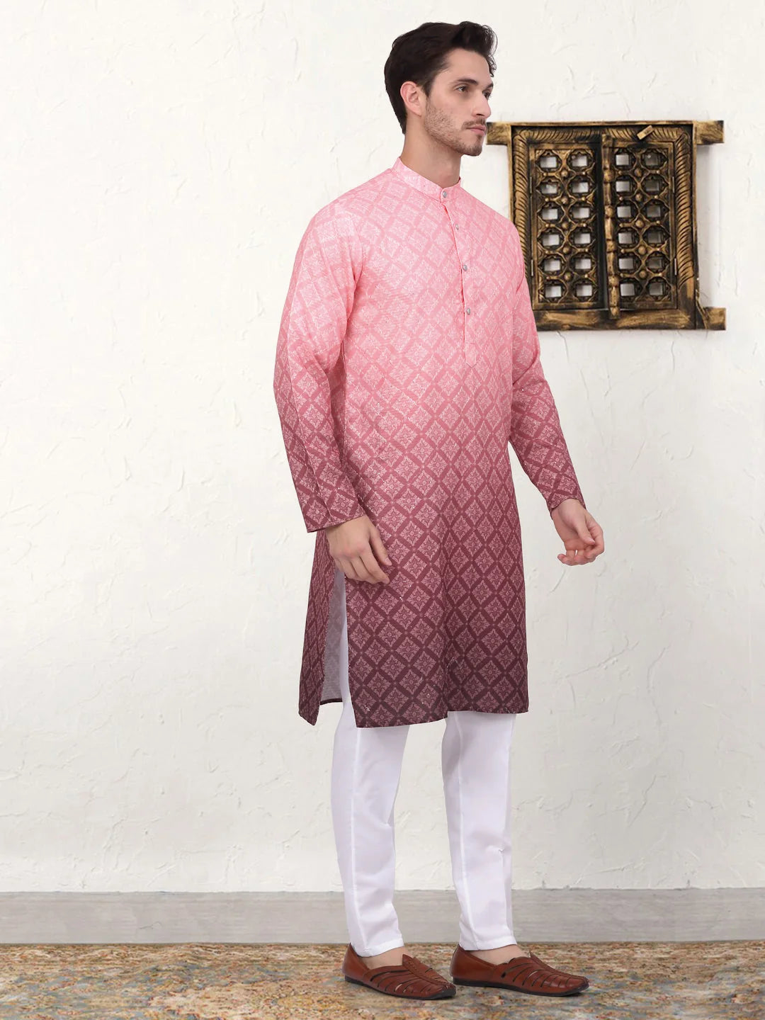 Coral Red Mens Kurta Pajama Set | Printed Kurta Pajama Outfit