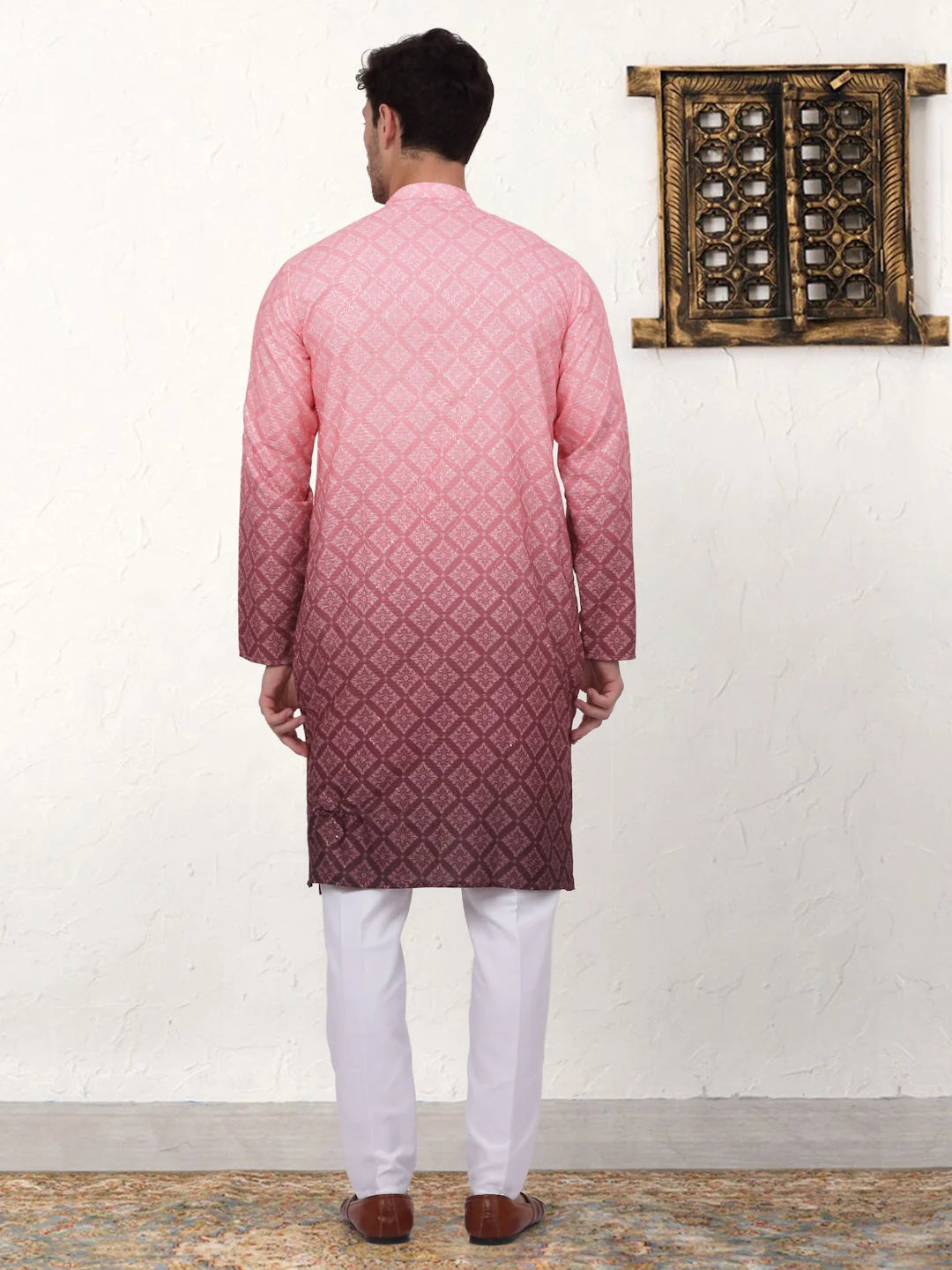 Coral Red Mens Kurta Pajama Set | Printed Kurta Pajama Outfit