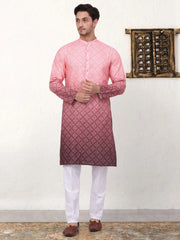 Men's Coral Red Ombre Printed Kurta Pyjama Set-JOKP-P