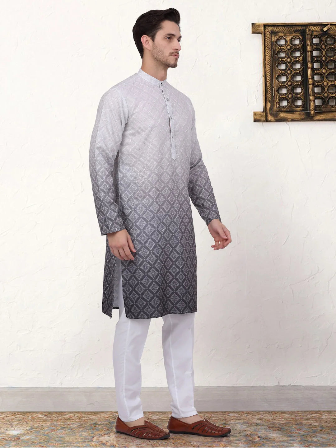 Grey Ombre Mens Kurta Pajama Set | Printed Kurta Pajama
