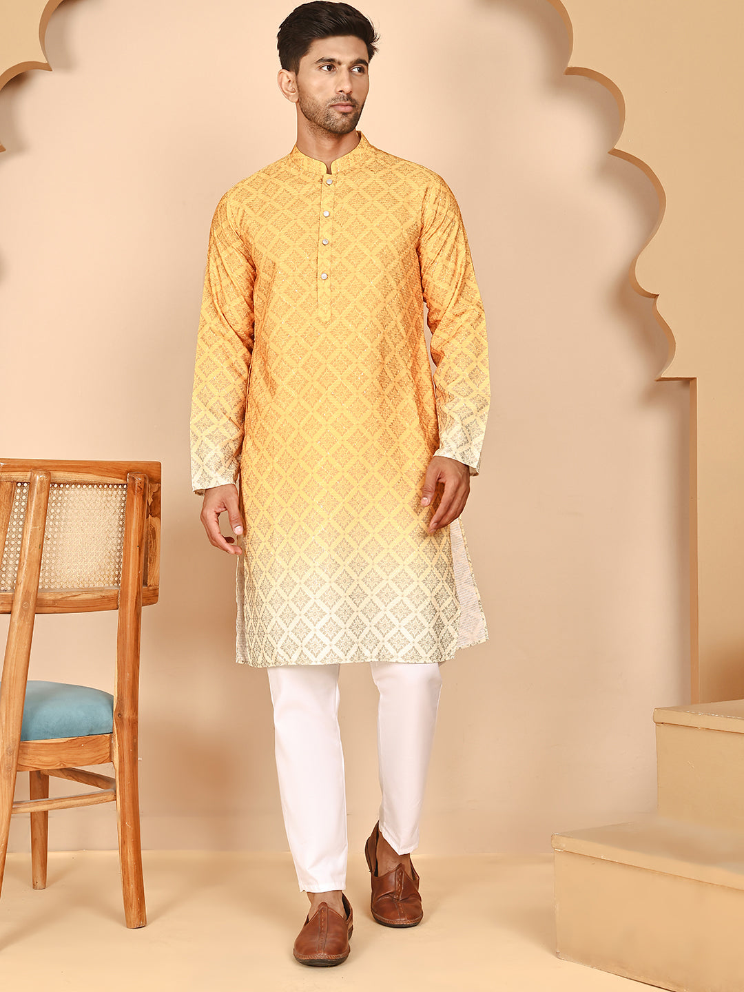 DesiQlo Men Printed Kurta Pyjama Set - Yellow - JOKP_P_5074Mustard_S