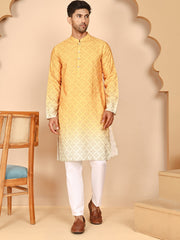 Ombre Printed Kurta Pyjama Set For Men ( JOKP P 5074 P 5074 Mustard ) [FF] [K-7-12]