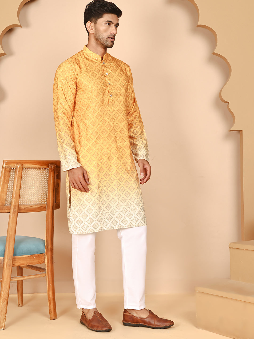 DesiQlo Men Printed Kurta Pyjama Set - Yellow - JOKP_P_5074Mustard_S