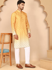 Ombre Printed Kurta Pyjama Set For Men ( JOKP P 5074 P 5074 Mustard ) [FF] [K-7-12]