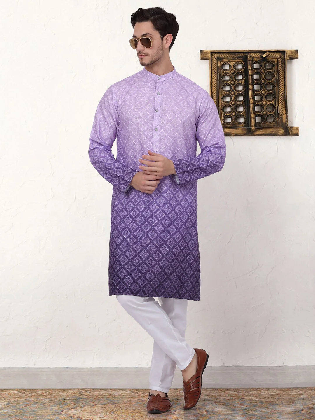 Purple Ombre Kurta Pajama Set | Printed Mens Kurta Pajama