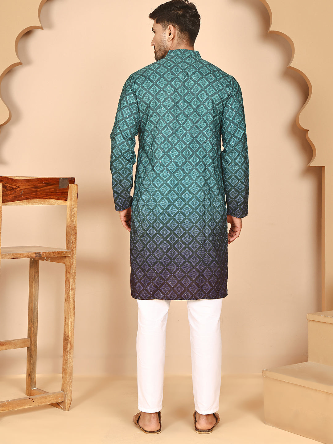 DesiQlo Men Printed Kurta Pyjama Set - Green - JOKP_P_5074Teal_S