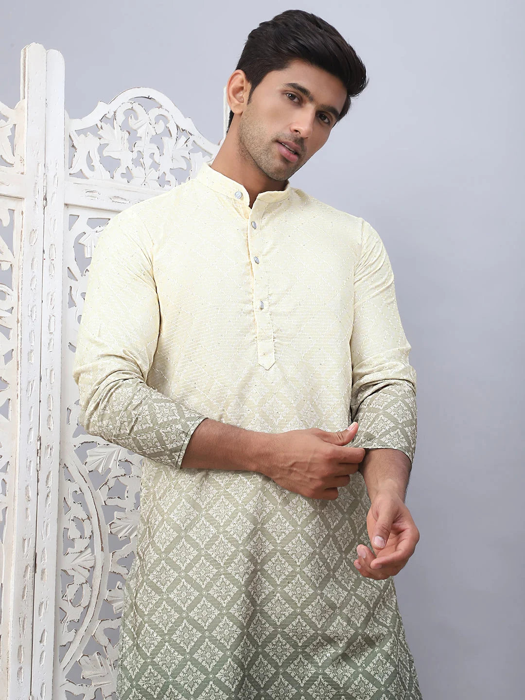 Yellow Printed Kurta Pajama Set for Men - Cotton Kurta Set