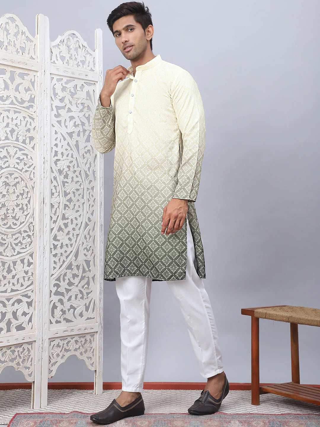 Yellow Printed Kurta Pajama Set for Men - Cotton Kurta Set