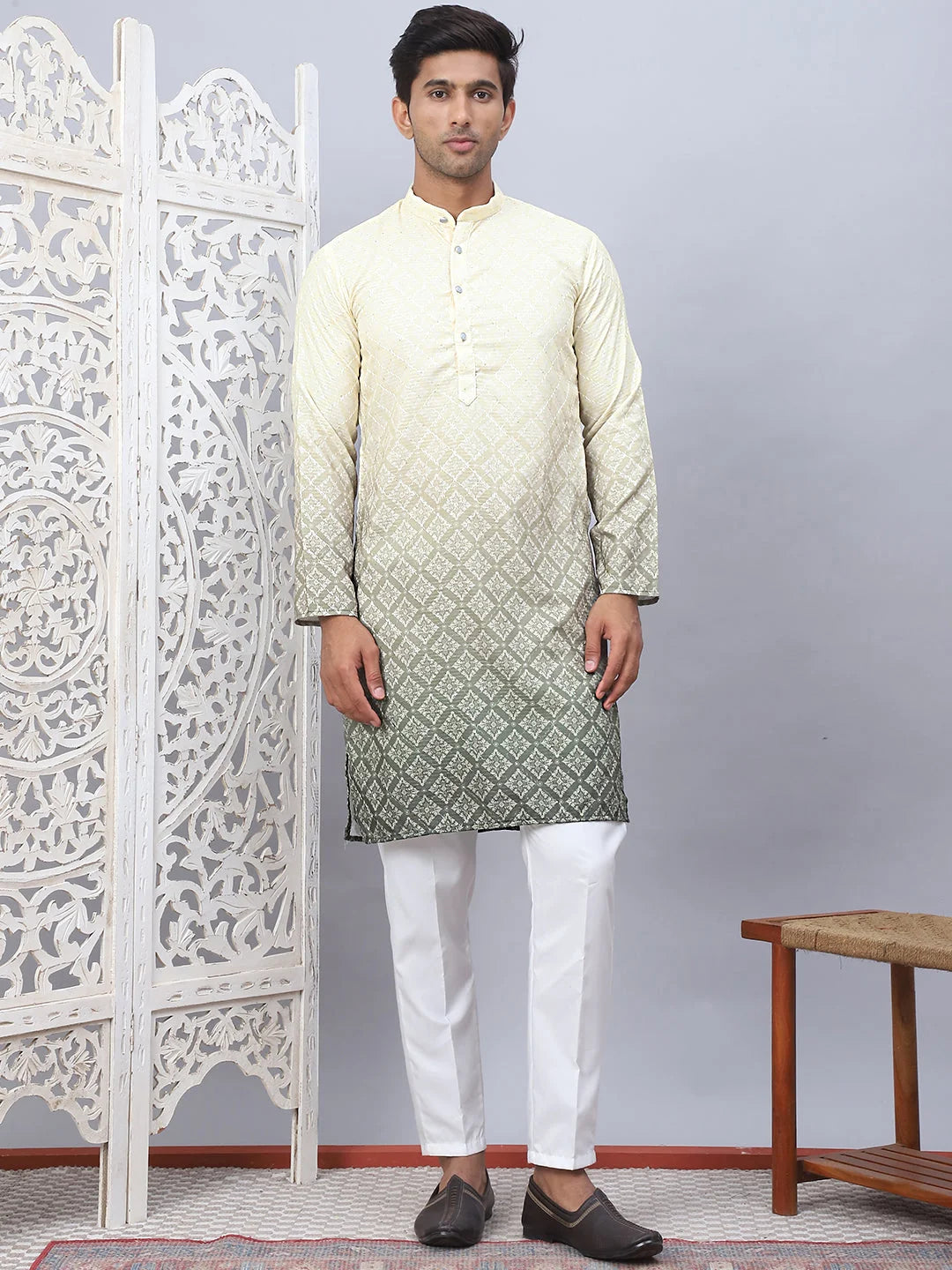 Yellow Printed Kurta Pajama Set for Men - Cotton Kurta Set