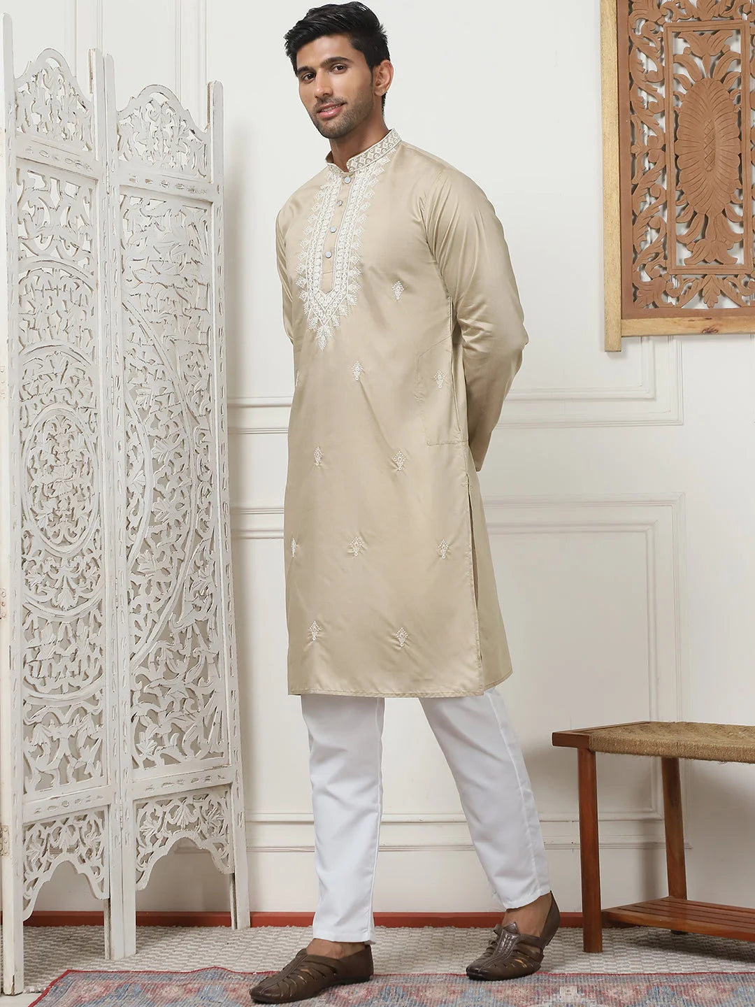 Beige Embroidered Mens Kurta Pajama Set | Cotton & Silk Kurta