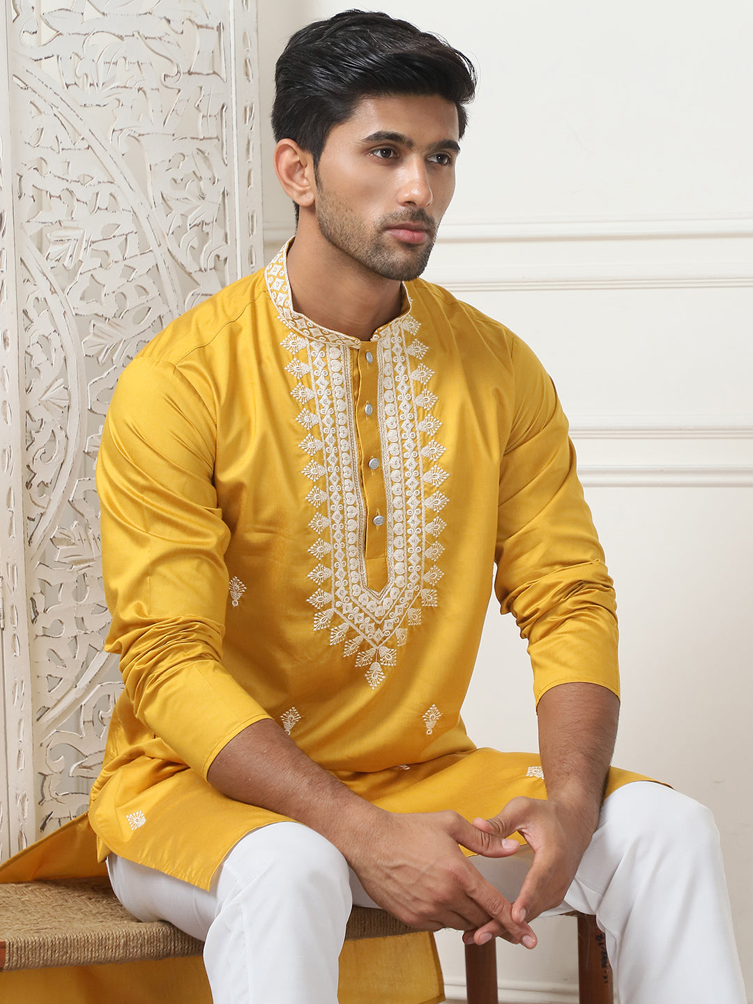 Mustard Embroidered Mens Kurta Pajama Set | Cotton & Silk Blend