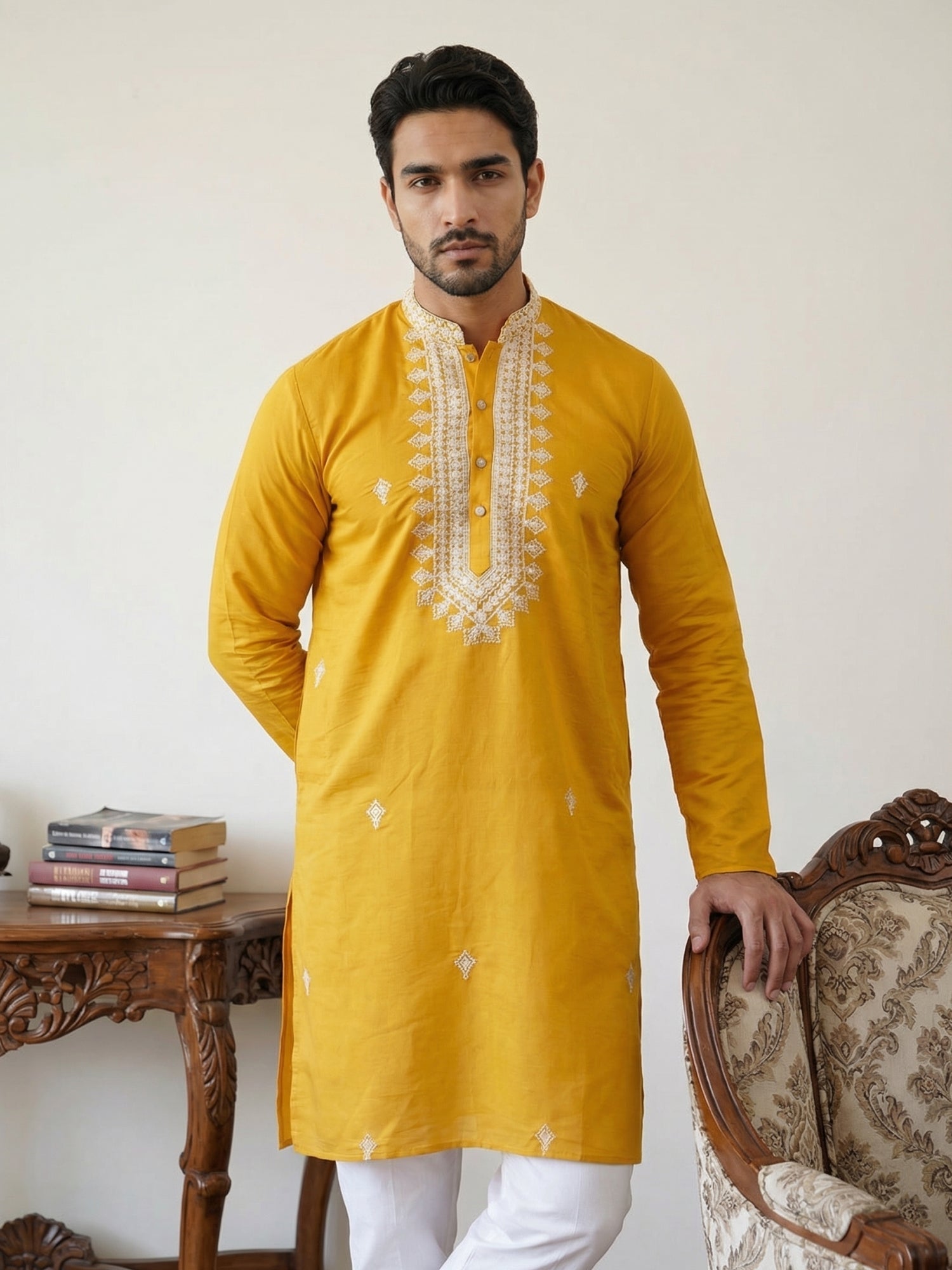 DesiQlo Men Embroidered Kurta Pyjama Set - Yellow - JOKP_5075Mustard_S
