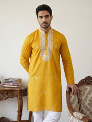 Silk Blend Embroidered Ethnic Kurta Pyjama Set ( JOKP 5075Mustard )