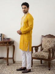 Silk Blend Embroidered Ethnic Kurta Pyjama Set ( JOKP 5075Mustard )