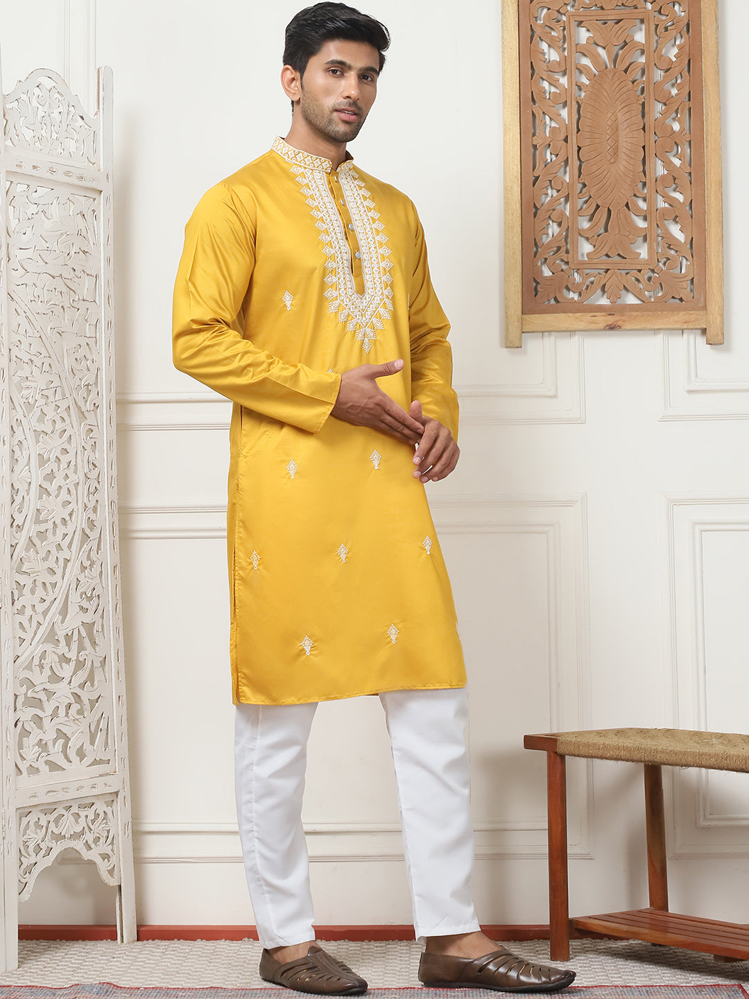 Mustard Embroidered Mens Kurta Pajama Set | Cotton & Silk Blend