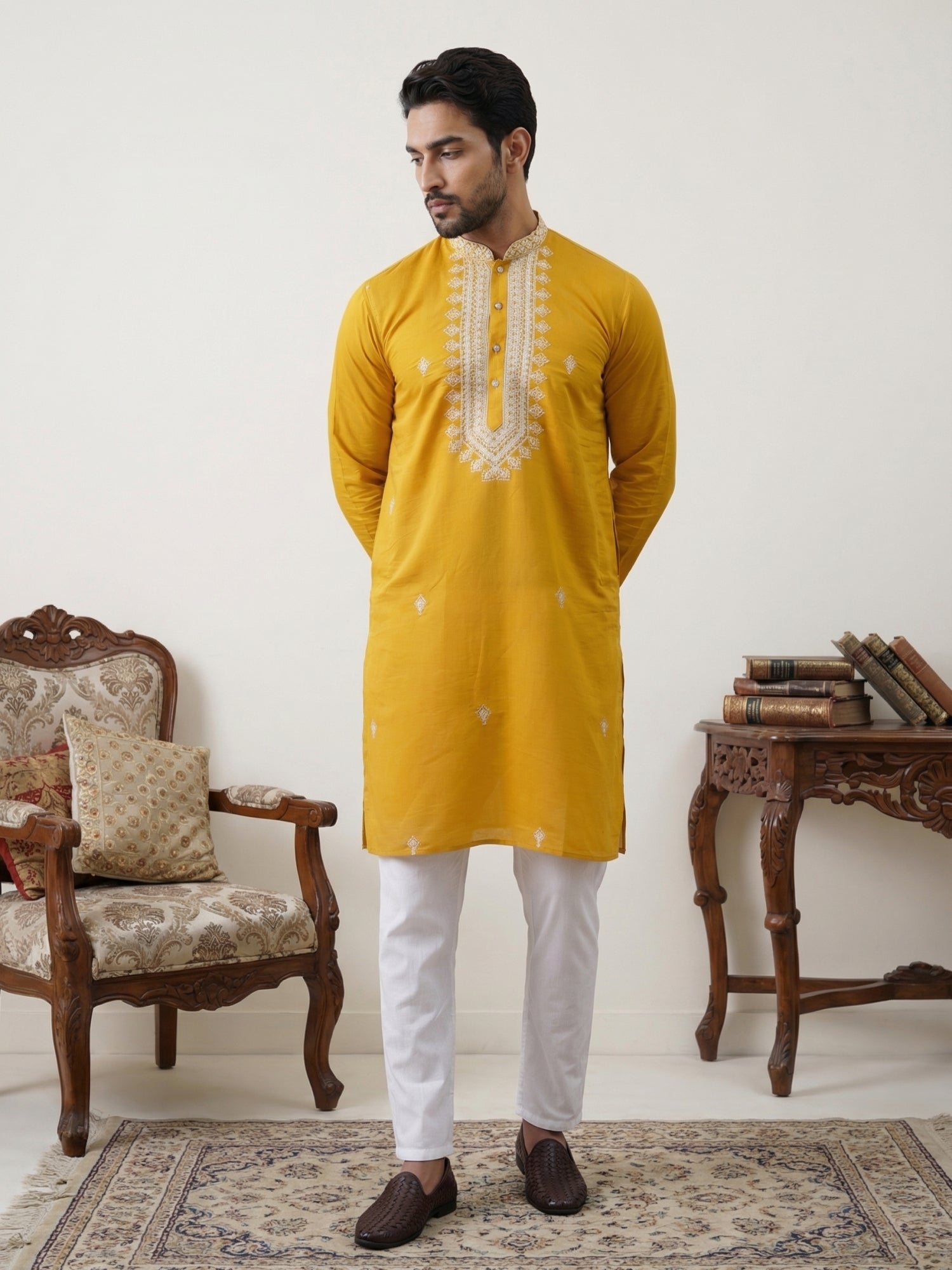 DesiQlo Men Embroidered Kurta Pyjama Set - Yellow - JOKP_5075Mustard_S