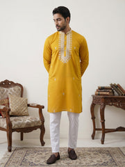 Silk Blend Embroidered Ethnic Kurta Pyjama Set ( JOKP 5075Mustard )