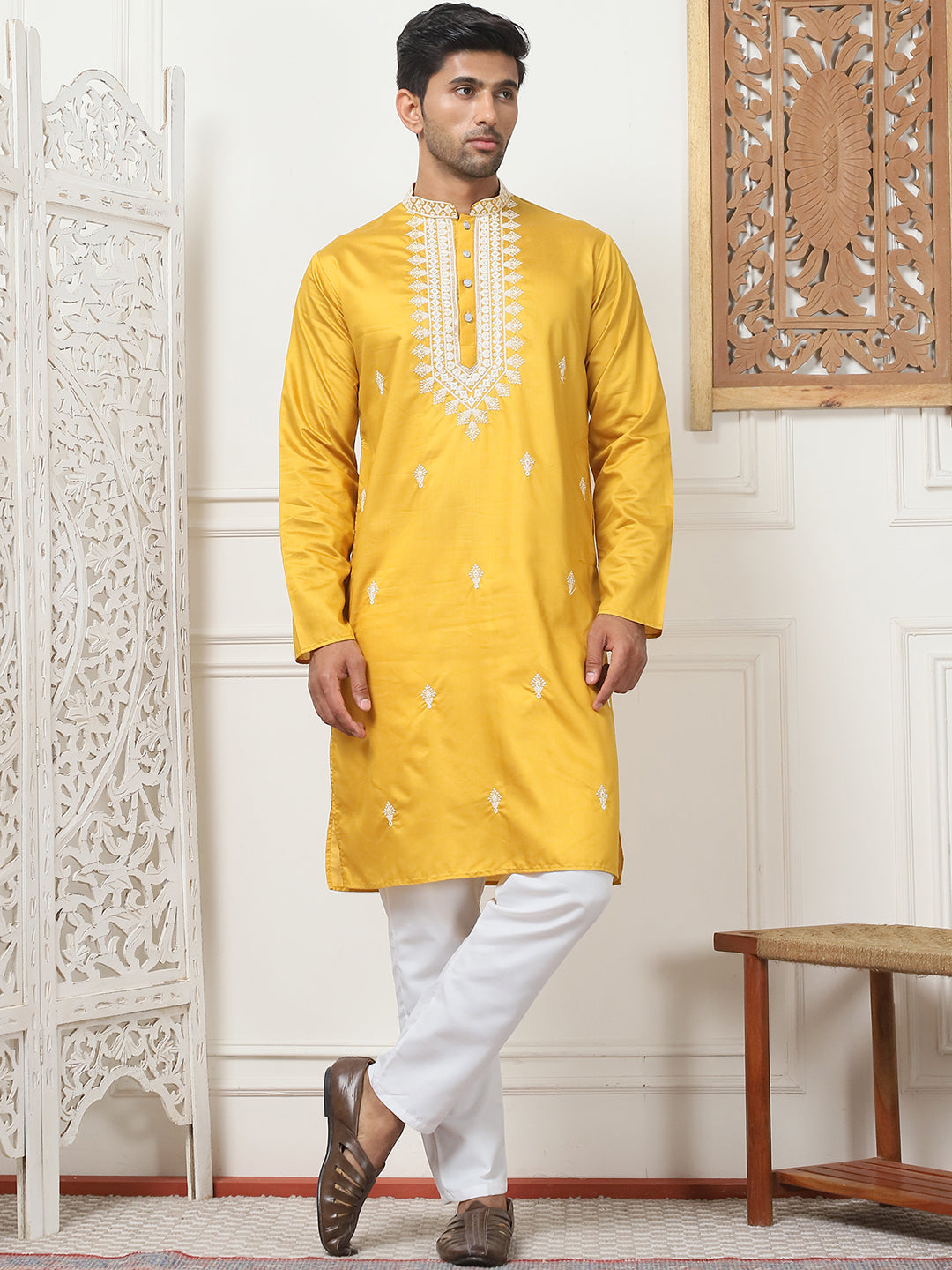 Mustard Embroidered Mens Kurta Pajama Set | Cotton & Silk Blend
