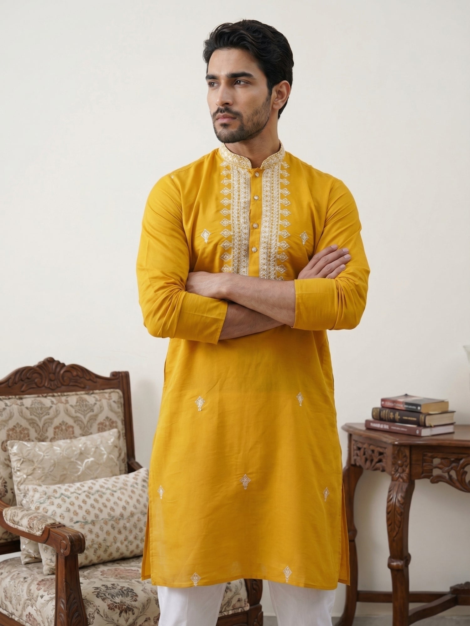 DesiQlo Men Embroidered Kurta Pyjama Set - Yellow - JOKP_5075Mustard_S