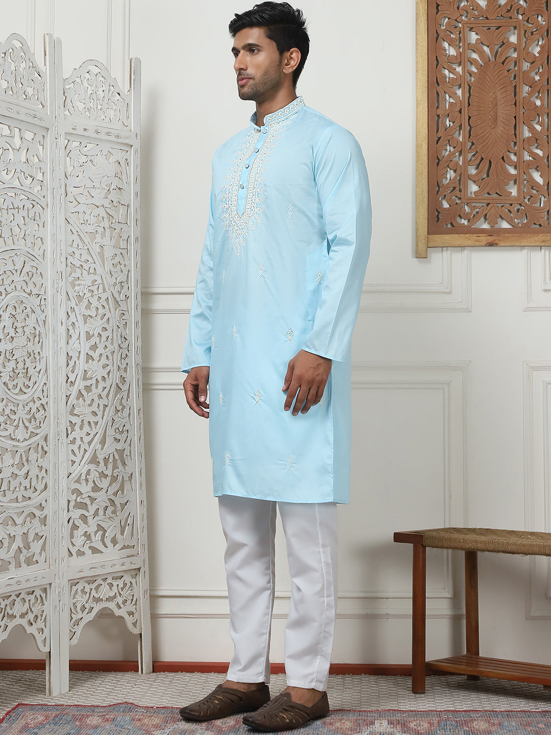 Sky Embroidered Mens Kurta Pajama Set with Sequin Details