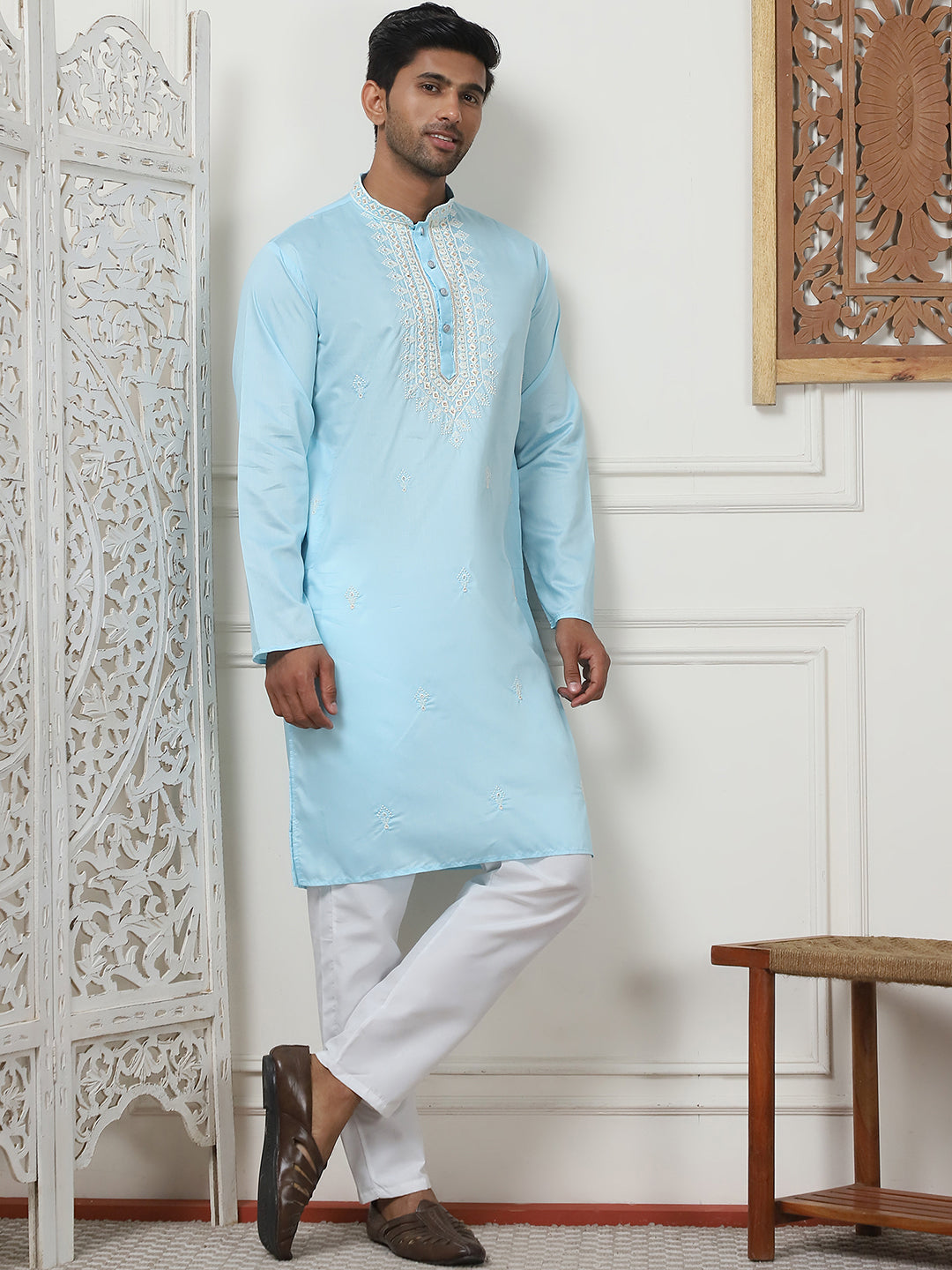 Sky Embroidered Mens Kurta Pajama Set with Sequin Details