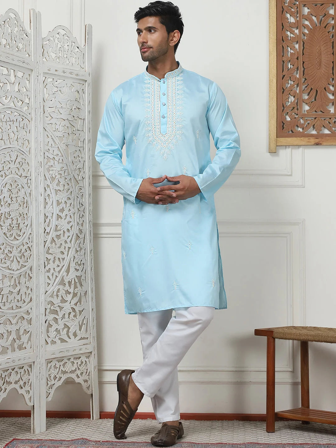 Sky Embroidered Mens Kurta Pajama Set with Sequin Details