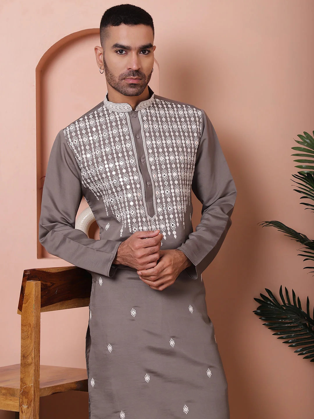 Grey Embroidered Silk Kurta Pajama Set | Mens Kurta Pajama