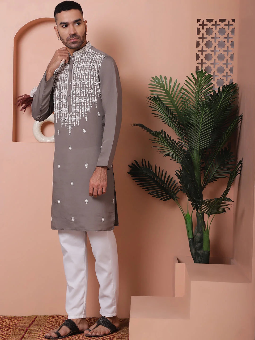 Grey Embroidered Silk Kurta Pajama Set | Mens Kurta Pajama