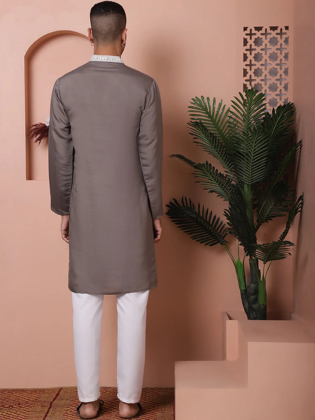 Grey Embroidered Silk Kurta Pajama Set | Mens Kurta Pajama