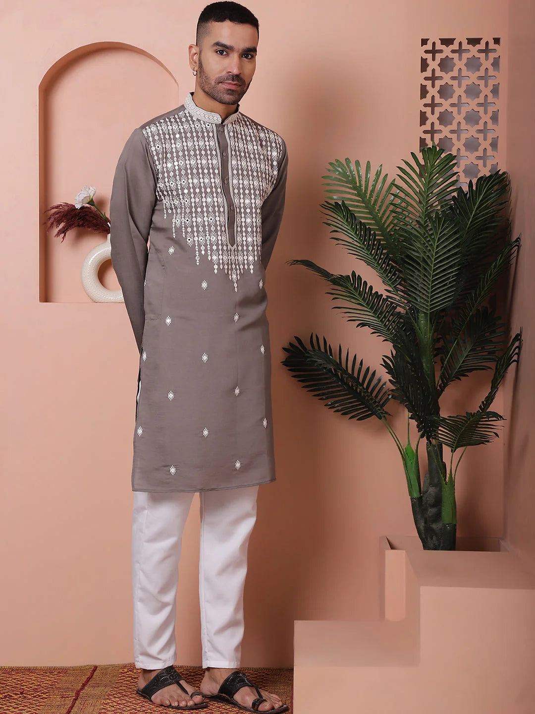 Grey Embroidered Silk Kurta Pajama Set | Mens Kurta Pajama