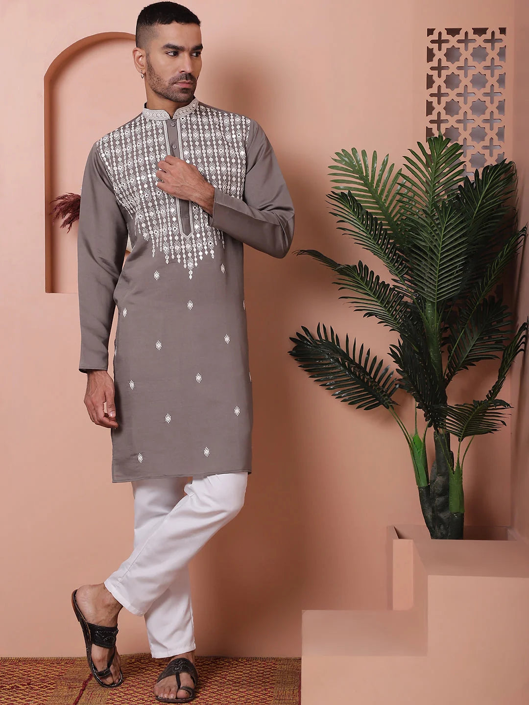 Grey Embroidered Silk Kurta Pajama Set | Mens Kurta Pajama